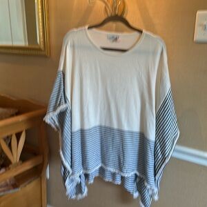 Vineyard Vines Cream/ Blue and White Merino Wool Striped Poncho with Fringe.
